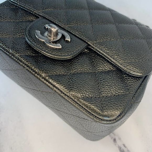 ββ CHANEL 17S Metallic Charcoal Square Classic Caviar Mini Quilt Flap Bag CC RHW - Picture 9 of 17